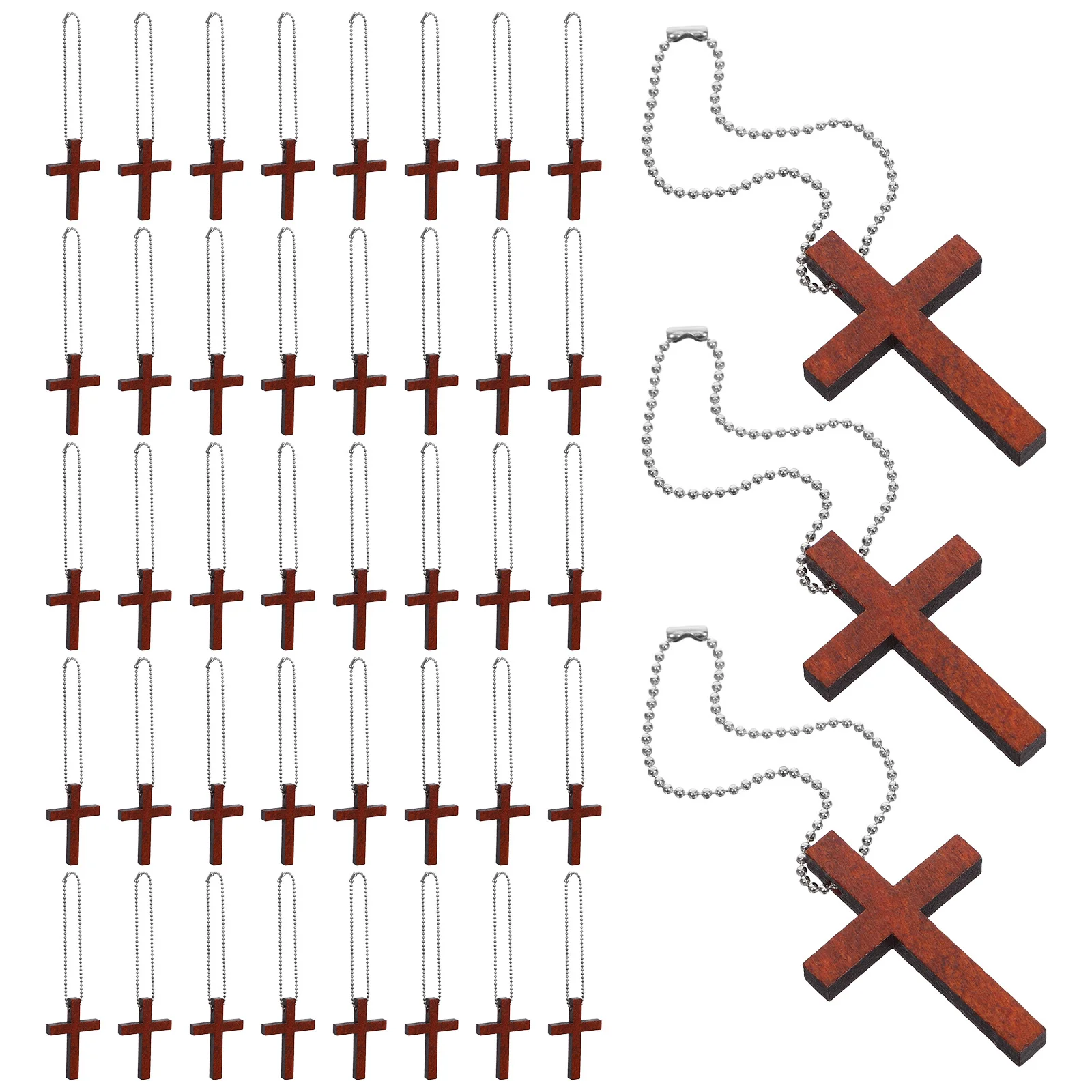 

50 set Natural Wood Cross Pendant Charms Stainless Steel Chain Christmas Decor For Car Mirror Church Home Small Wood Pendant