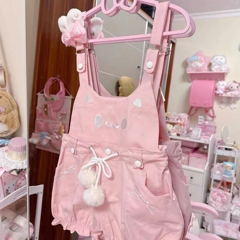 Sweet Kawaii Japanese Style Soft Pink Cat Embroidery Pocket Fluffy Pom-Poms Ruffle Hem Bud Overalls For Women Summer Daily Wear