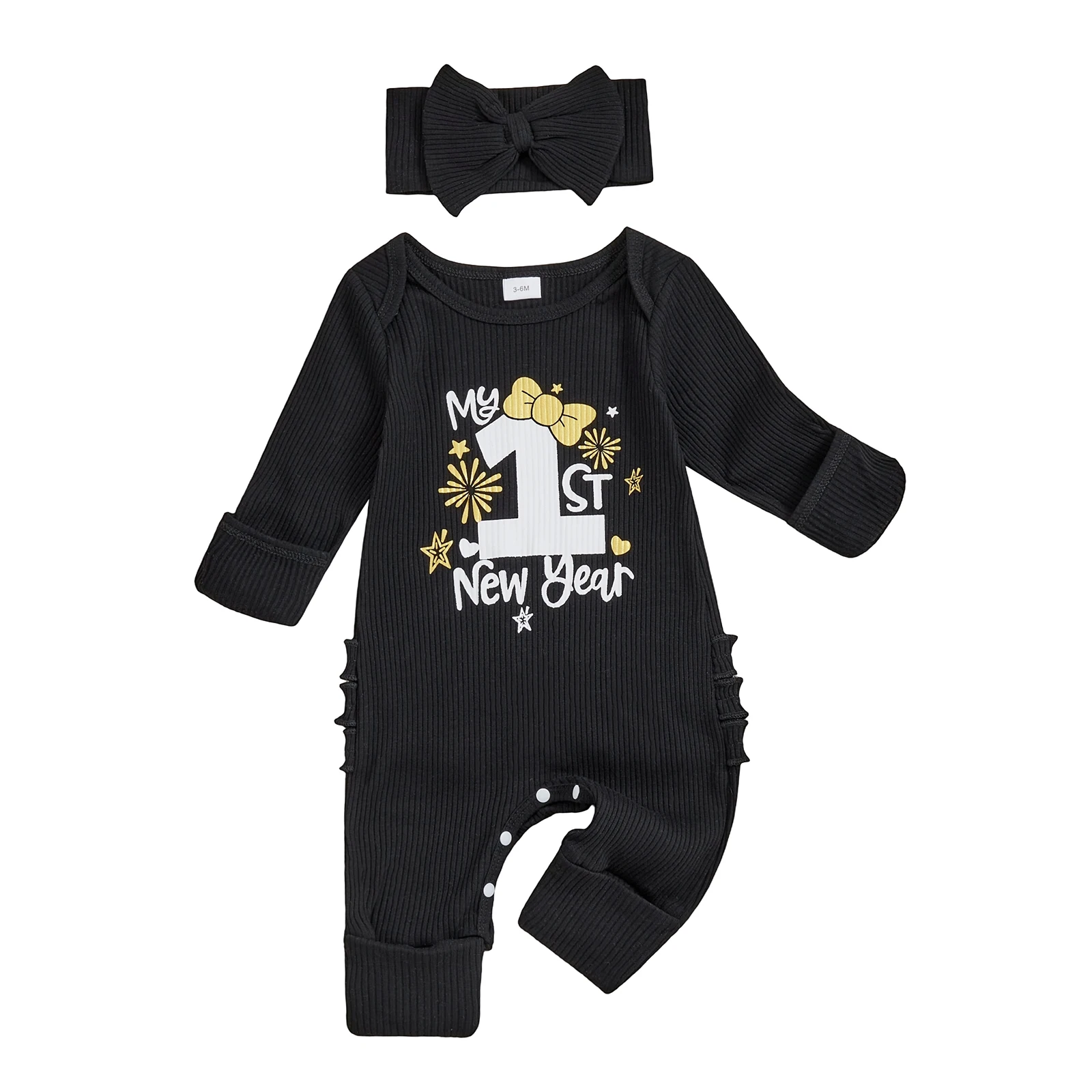 

Baby Girls New Year Romper Letter Print Long Sleeve Round Neck Jumpsuit with Headband