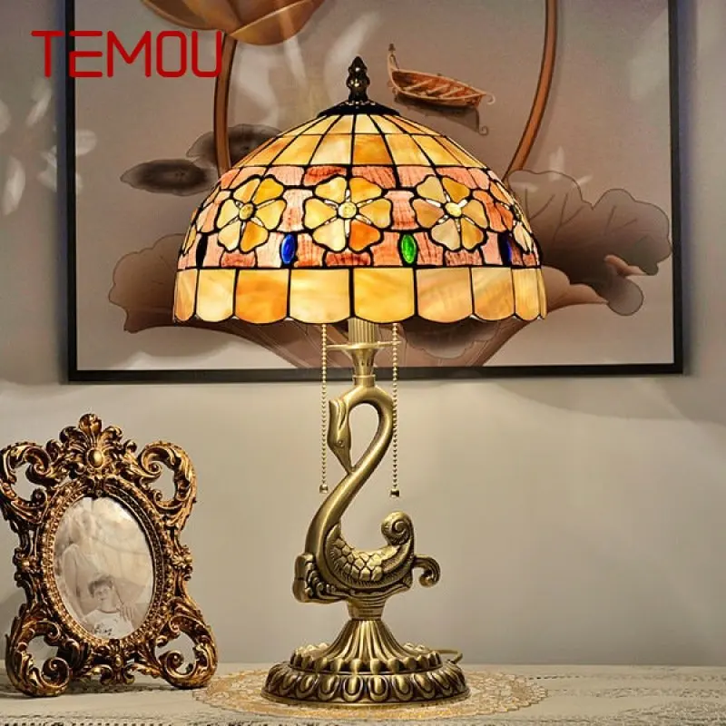 TEMOU  Modern Brass Table Lamp LED European Tiffany Shell Decor Retro Copper Desk Lights for Home Living Room Bedroom