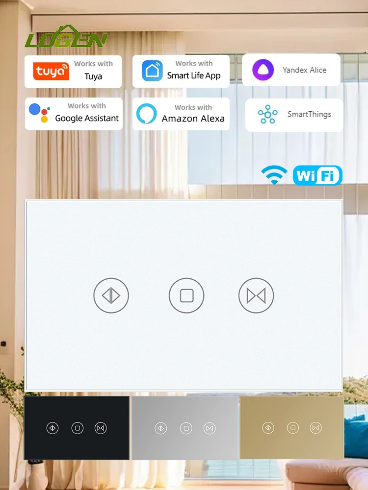 LOGEN WiFi Smart Curtain Switch US Standard Voice Control Touch Wall Switch Glass Panel Need Neutral Tuya Alexa Smart Life Alice