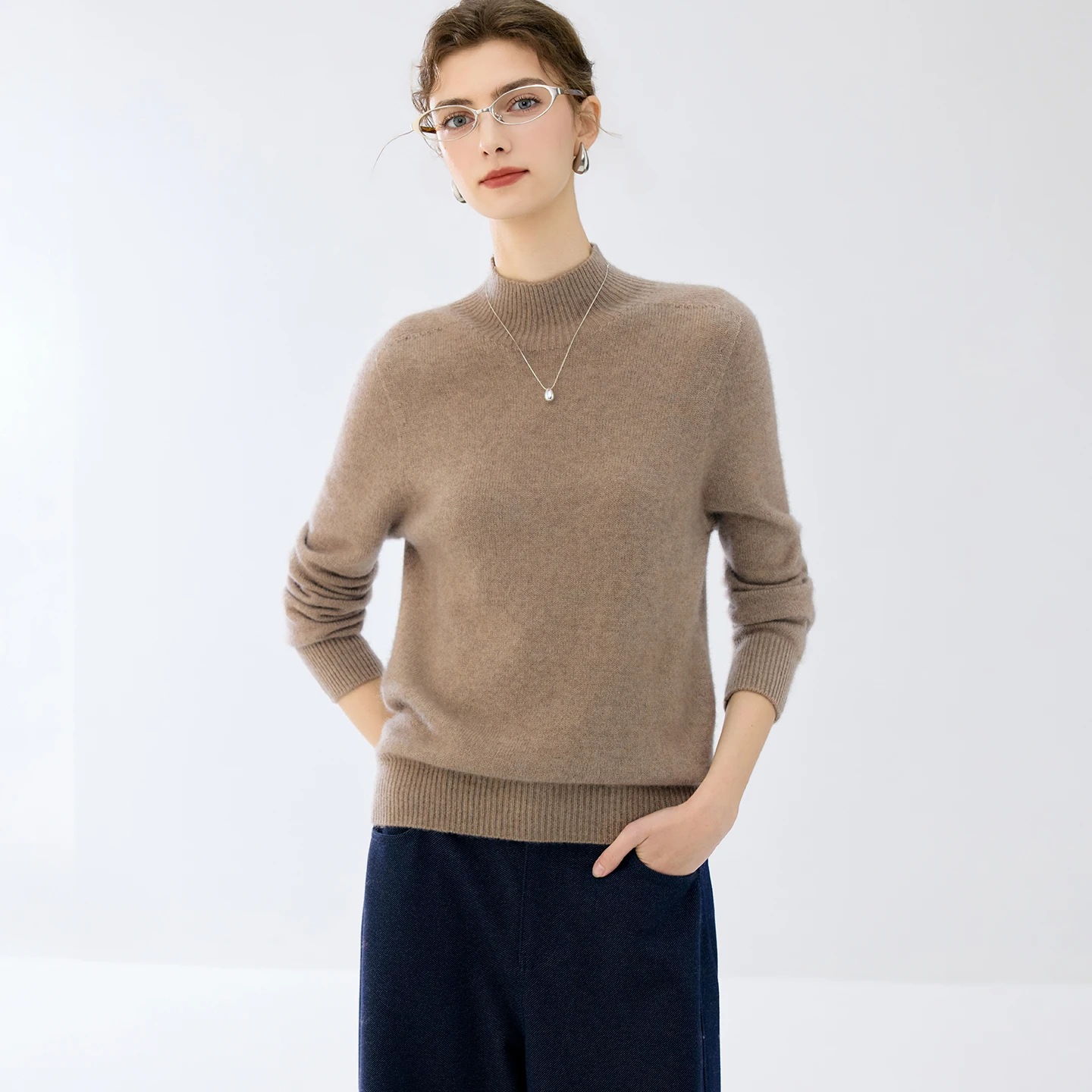 100% Premium Cashmere Women Seamless Mock‑Neck Knit Base Layer Autumn Winter Thick Classic Versatile Sophisticated Minimalist