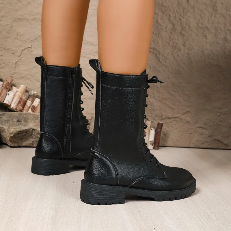 أحذية شتوية أوروبية وأمريكية بنمط جديد من الجلد الناعم الأصلي على الطراز البريطاني ونعل سميك وأربطة نعل متوسط للنساء #4