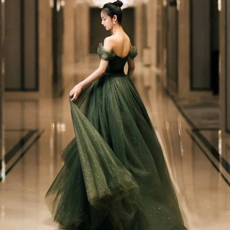 LZPOVE Army Green Long Off Shoulder Sequin Evening Dress Lady Girl Women Princess Prom Banquet Party Wedding Bridal Dress