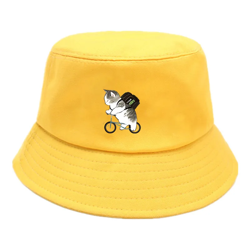 Cotton Summer Foldable Bucket Hat Unisex Women Outdoor Sunscreen Hat Cartoon Cat Fishing Hunting Cap Men Basin Chapeau Beach Cap