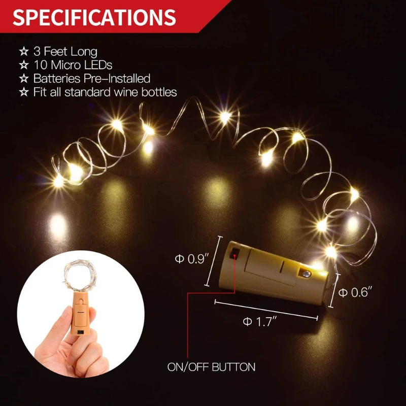 Cortiça String Lights, Alimentado por pilhas, Impermeável, Decorações para Jardim, Casamento, Festa de Natal, 20 LED