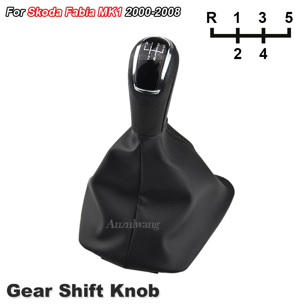 5 Speed Pu Leather + Plastic Gear Shift Knob With Boot Fit for Skoda Fabia MK1 2000-2008