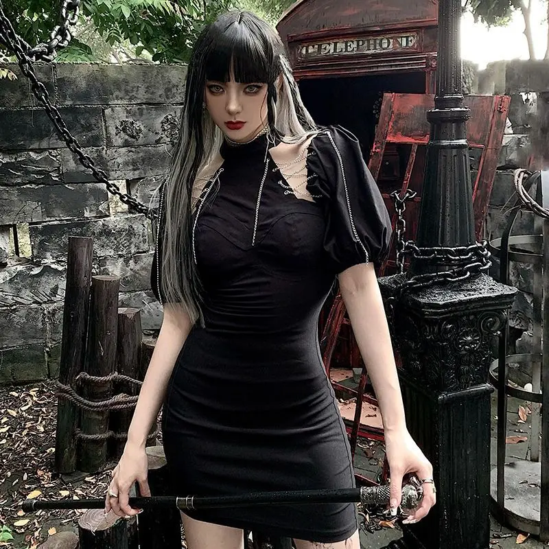 

Gothic Cutout Floral Mini Dress Lace Up Fashion Sexy Body Dress Street Art Summer Puff Sleeve Mini Dress Diablo Series Demon