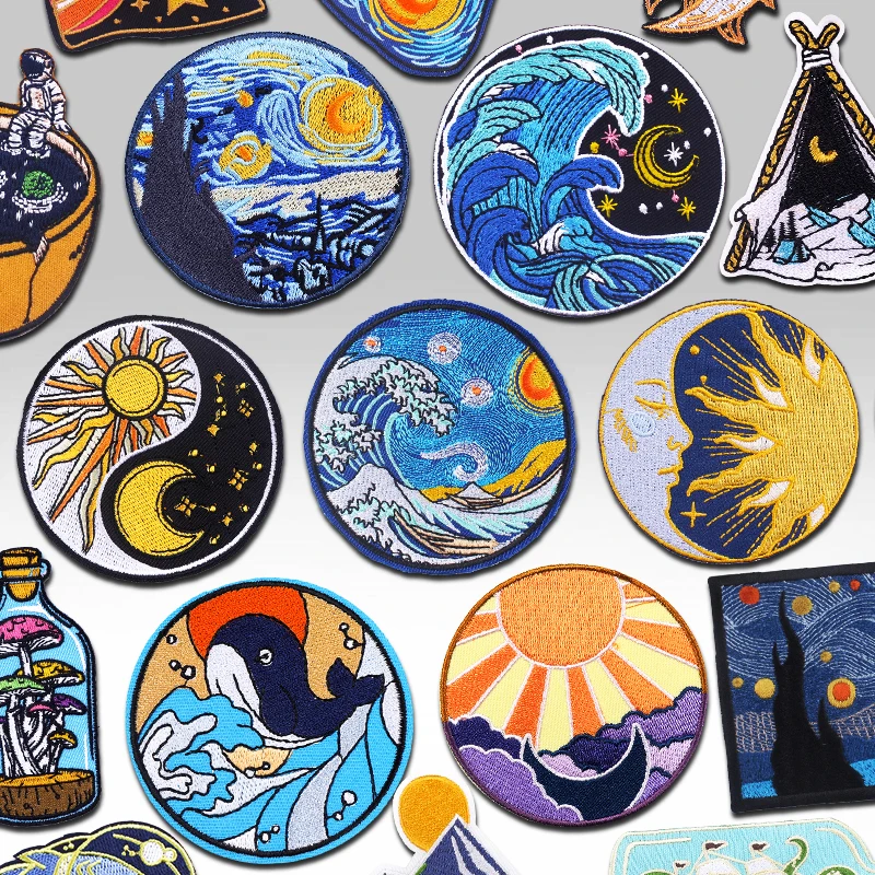 Sun Moon Wave Van Gogh Patches for Clothing Ocean Dolphin Cute Lucky Fish Iron on Patches Outdoor Embroidery Patches On Clothes