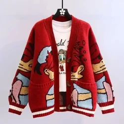 Disney-Cardigan japonais Donald Cartoon pour femme, manteau femme, automne et hiver, sauvage, épais, Kawaii, Y-Cardigan