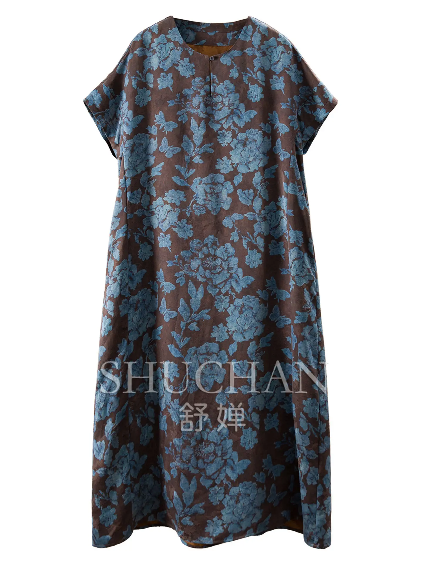 Vestido de Mujer con Mangas Cortas, Diseño Blue Rhyme Peony, en Seda con Jacquard de Hilo Rojo Nube y Cintura Elástica, 48G8