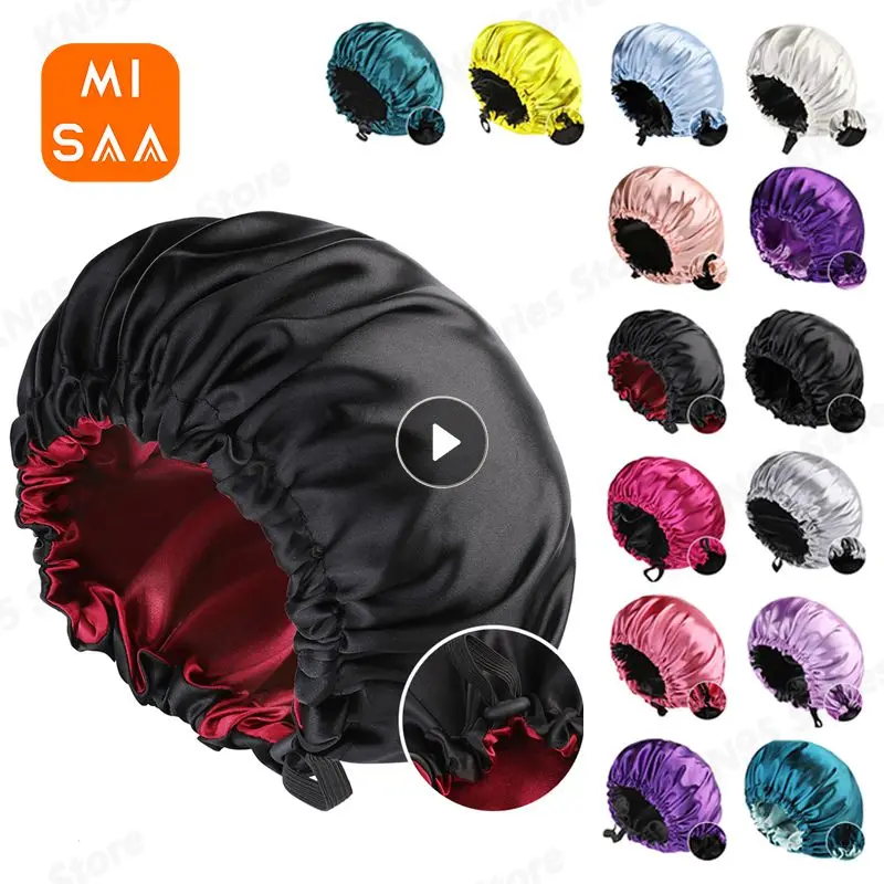 Double sided satin nightcap Women's fashionable elastic hair cap button bath cap adjustable Four Seasons Breathability Sleep Cap