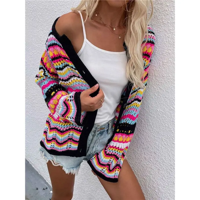 Women's Multicolored Striped Crochet Knit Cardigan Crew Neck Flared Sleeve Button Y2K Sweater Coat Black S-A74P
