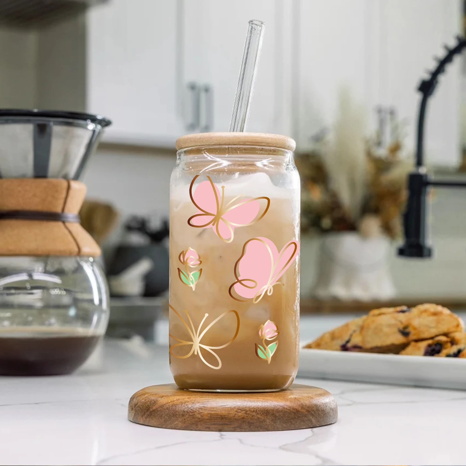 Butterfly Painted With Gold Border 3d Pattern 16oc Libbey Glass Tumbler 16oz Sublimation Glass Can With Lid&Straw Coffee Glass