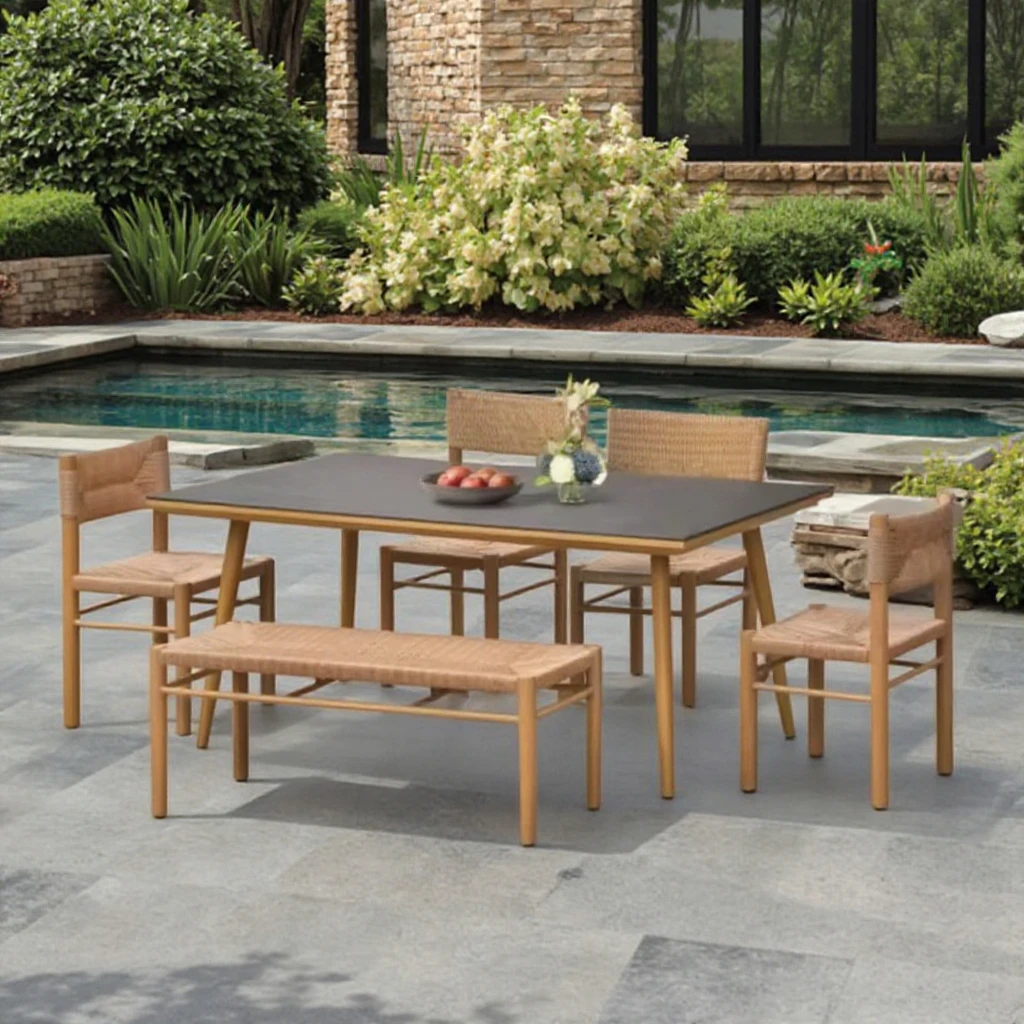 

Outdoor Modern Wood-grain Paint Dining Table Chair Furniture Painting 6 Seats Hand Weaved Rattan Dining Chair Bench