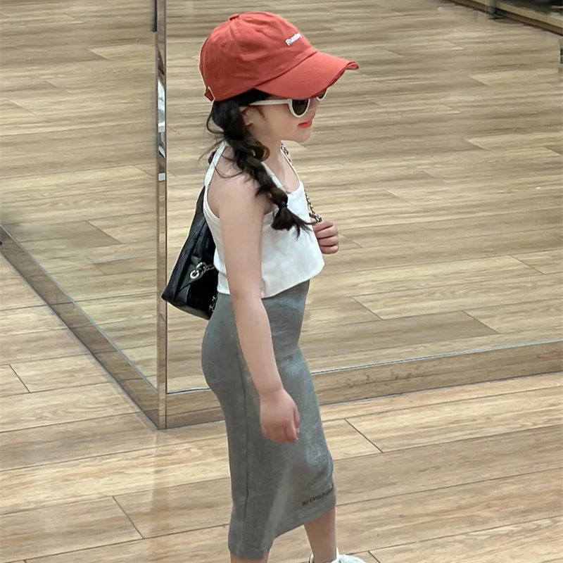 Skirt Summer Korean Childrens Clothing New Girls Sweet Cool Backless Sling Vest Grey Long Simple Fashion 2024 Solid