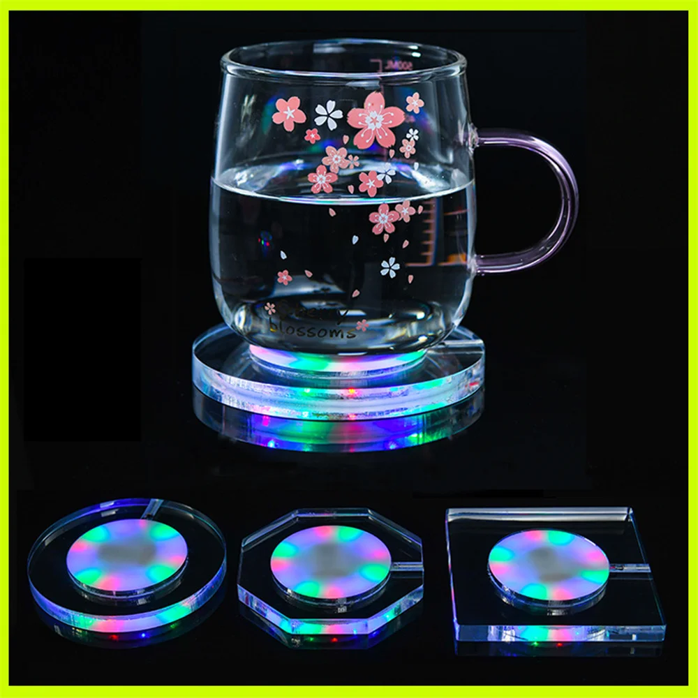 3pcs LED Coaster Acrylic Bar Cocktail Flash Base Mats Crystal Ultra-Thin LED Light Coaster For Bar Table Decoration Accessories