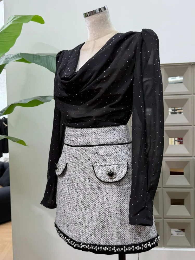 เสื้อชีฟองตาข่ายลายจุดแฟชั่นสำหรับผู้หญิง DFDG คอลเลคชั่นฤดูใบไม้ผลิ/ฤดูร้อน 2025 คอวีแบบผูกเอว แขนยาว จับจีบ