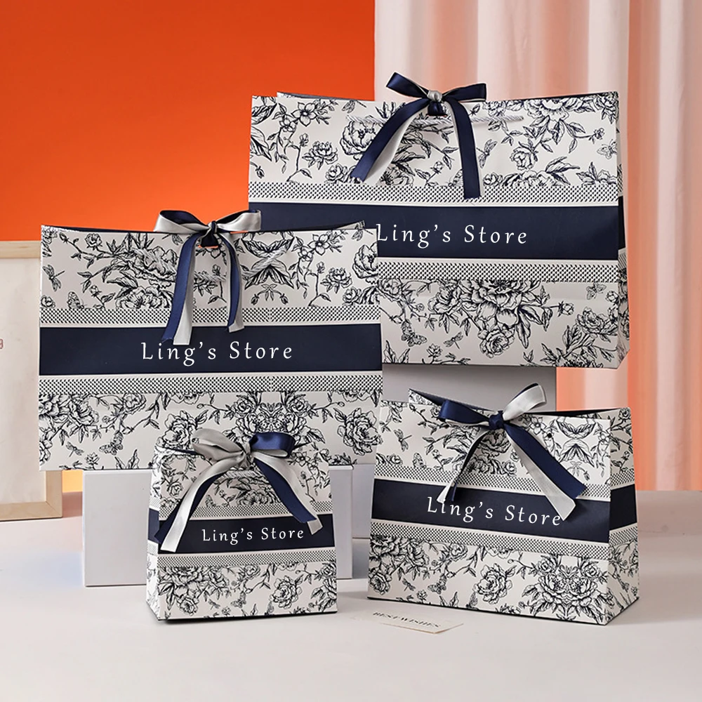 

20Pcs Custom Logo Flower Shopping Paper Handle Bags Jewelry Gift Packaging Handbag Perfume Makeup Cloth Organizer Cosmetic Pouch