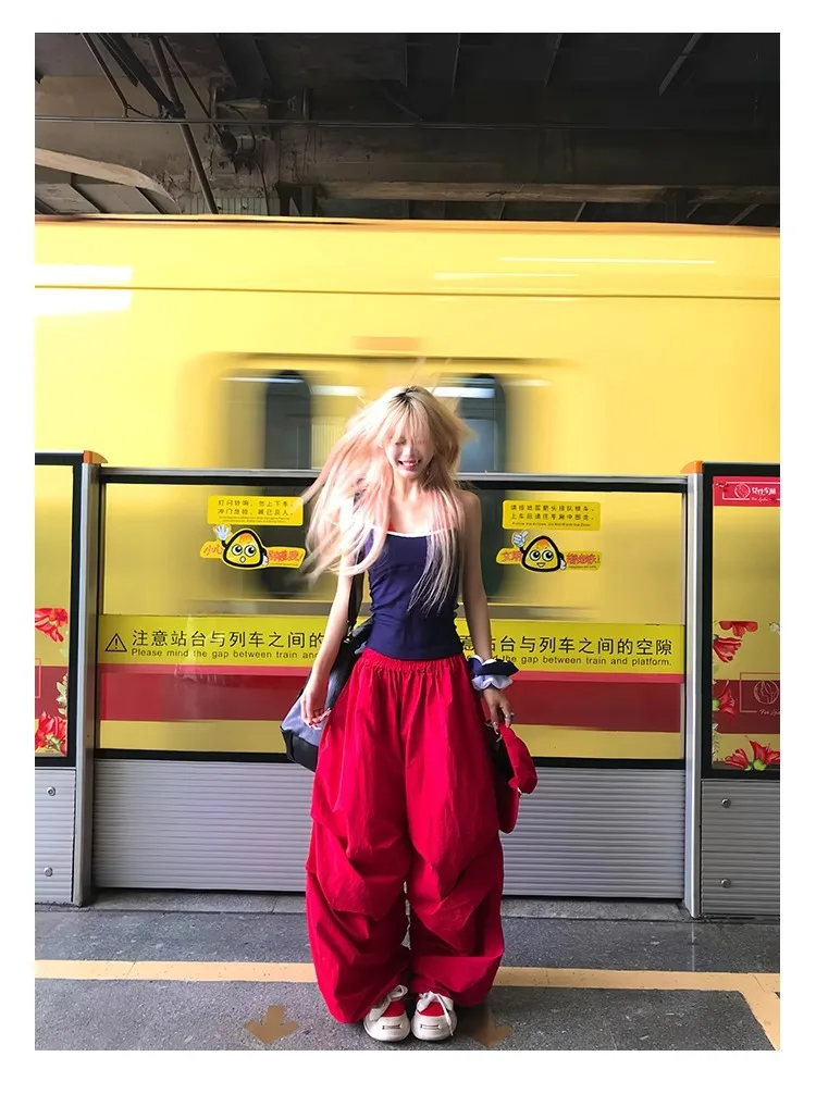 GC 2026 American Retro Pleated Red Work Pants Women Summer Lazy Style Drape Wide Leg Loose Casual Floor-Length Trousers