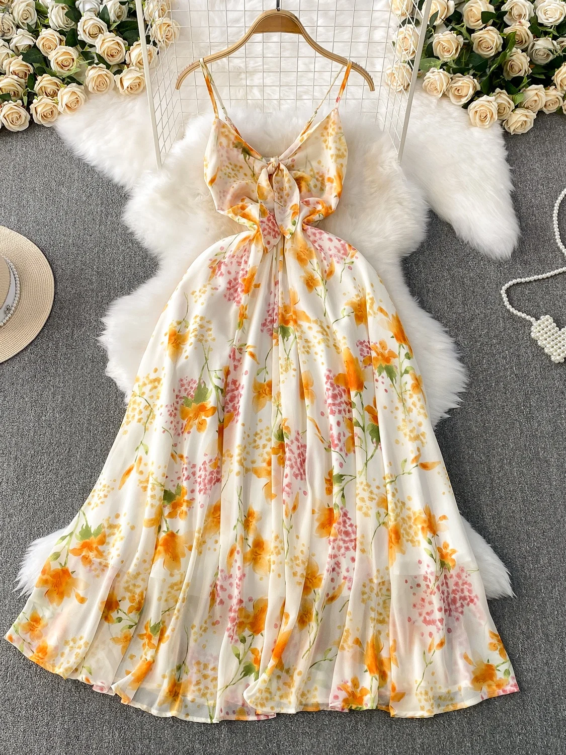 Beach Vaion Sle Sexy Tie V-ne Strap Dr Women Summer Ele Beautiful Floral Long Skirt High Waist A-line Dr