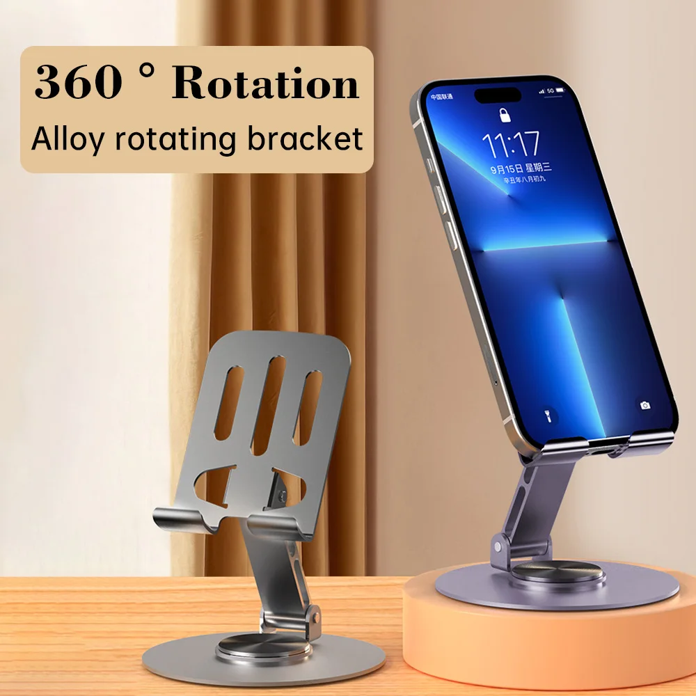 

Foldable Aluminum Alloy Phone Tablet Stand 360 Rotatable Double Shaft Adjustable Desktop Holder Bracket Anti-Slip All-Metal