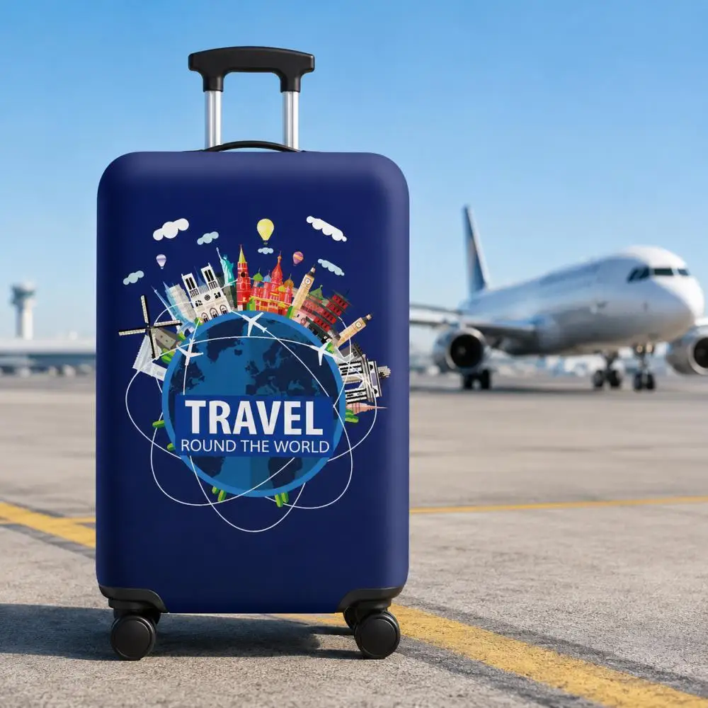 Travel Themed Luggage Cover Navy Blue World Landmarks Print Dustproof Scratch Resistant Stretch Suitcase Protector