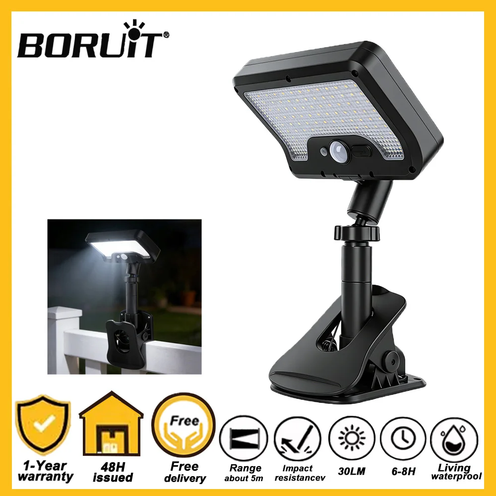 BORUiT New Solar Powered Clip-on Light 360 Rotatable 4 Modes Waterproof Outdoor Wall Lamp Portable for Camping Garden Patio
