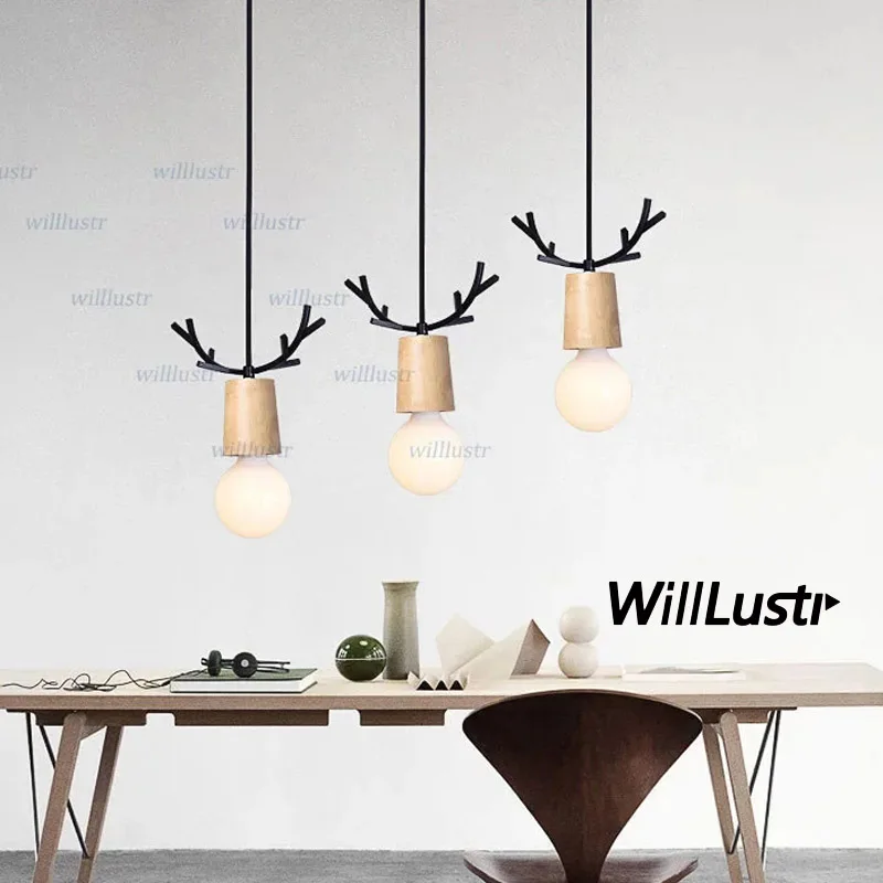 

Iron Antler LED Pendant Lamp Cafe Bar Bakery Kitchen Canteen Deer Head Art Deco Wood Ceiling Chandelier Suspension Hanging Light