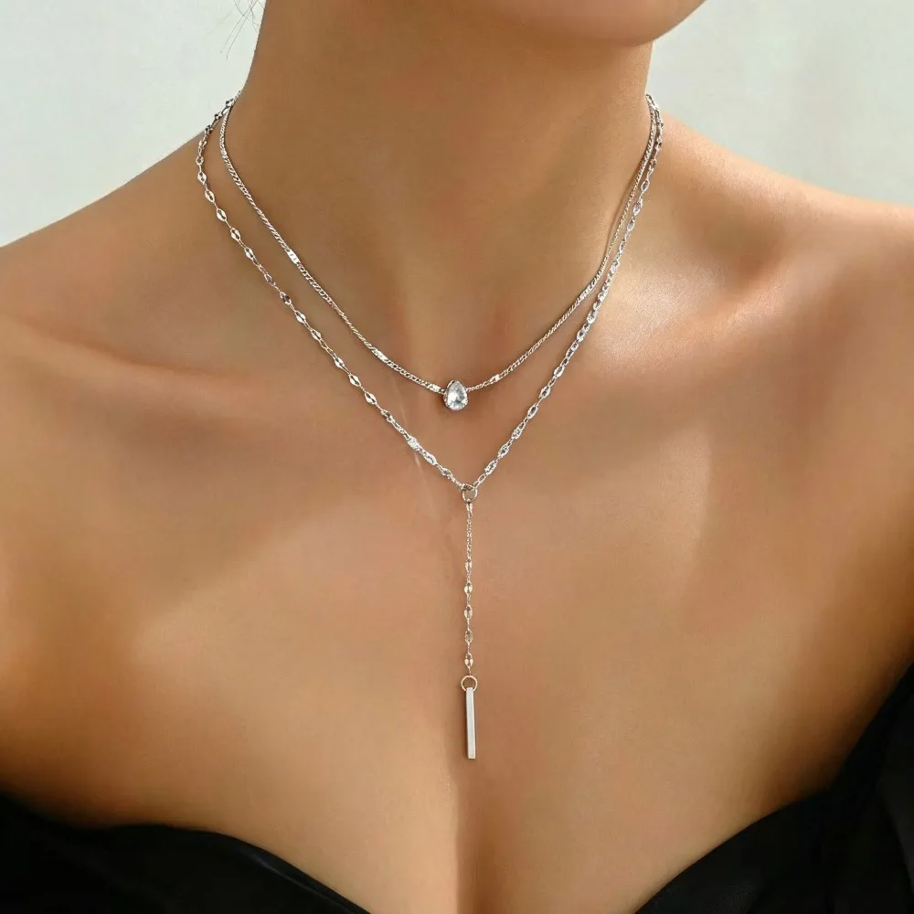 Y Shape Tassel Water-drop Zircon Layered Necklace for Women Minimalist Clavicle Chain Y2K Fashion Jewelry Accessories Party Gift