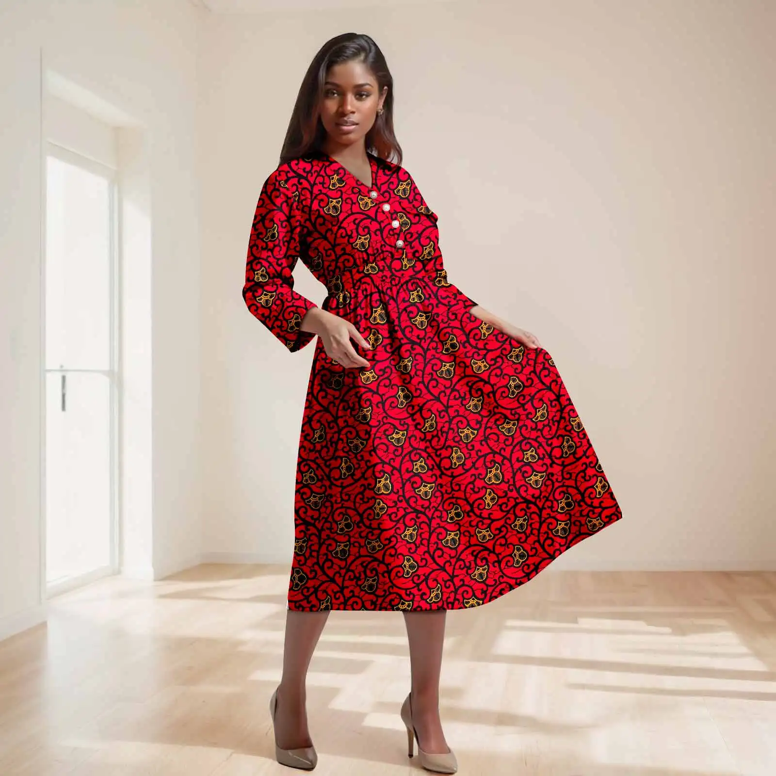 

Afripride Women's Ankara Dress Sexy V Neck Pearl Button Embellished Chest Pocket Skirt 2525073