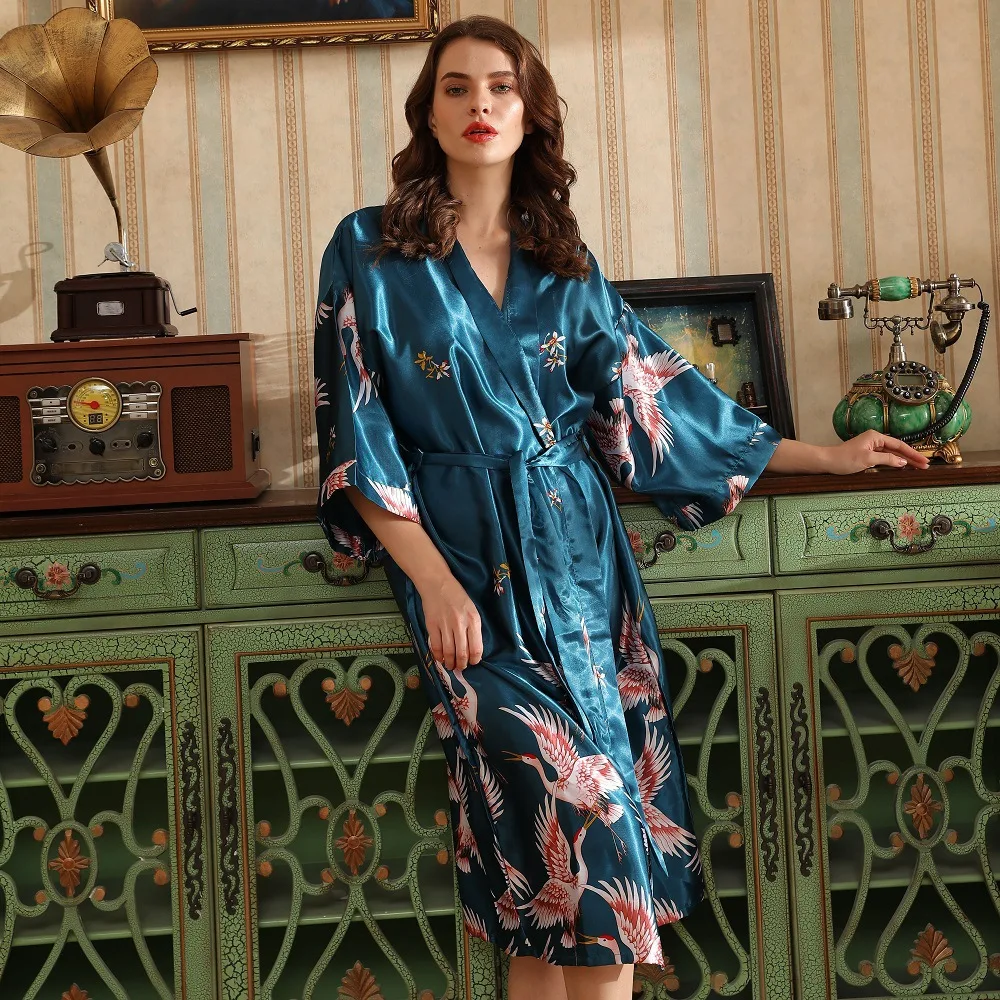 Long Kimono Bathrobe Gown Print Crane Sleepwear V-Neck Nightgown Satin Robes for Women  Intimate Lingerie Loose Loungewear