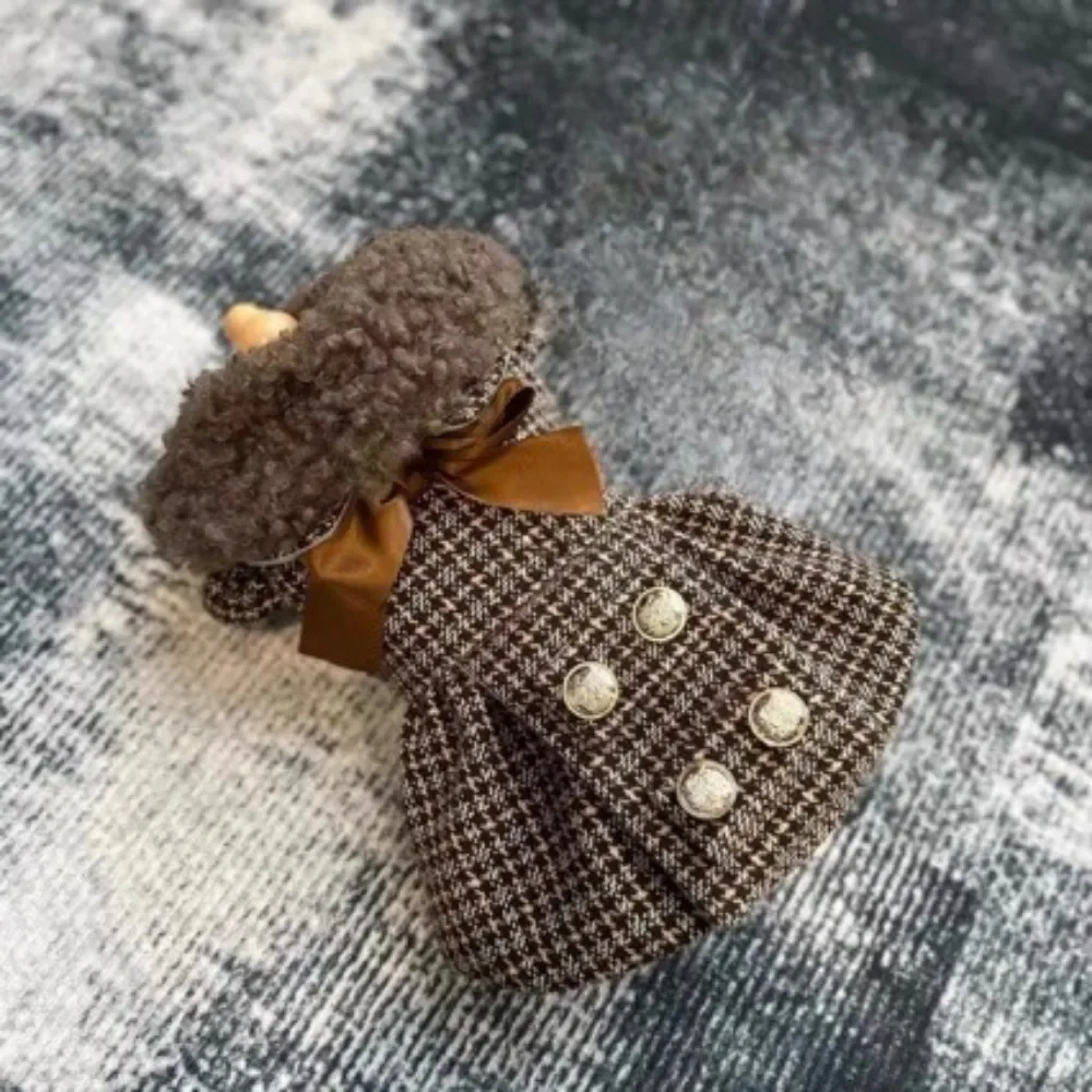 Pet Autumn/Winter Checkered Princess Dress Teddy Cat Woolen Coat Cute Tank Top Skirt Dog Clothes for Small Dogs Puppy Clothes