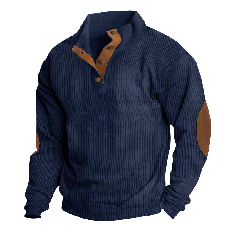 Autumn winter Men loose pure color Stand Collar Long Sleeve Patchwork Sunken Stripe Corduroy tops Men button Sweatshirt casual