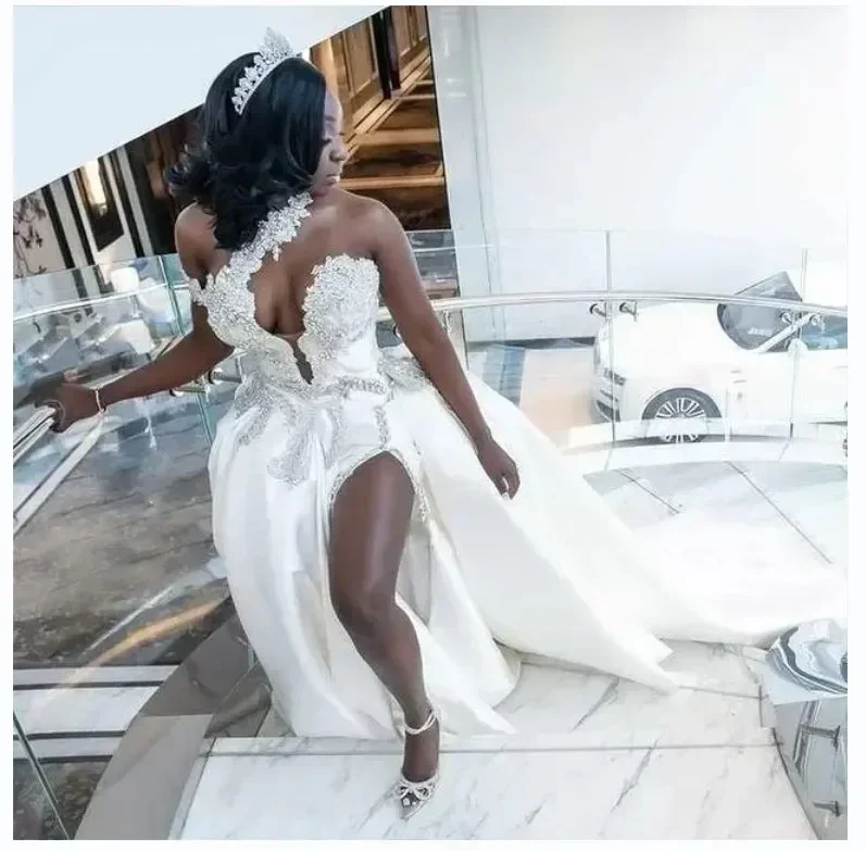 Personalizado mais novo estilo halter robe mariage frisado vestidos de casamento destacável sem costas split side plus size vestidos de noiva