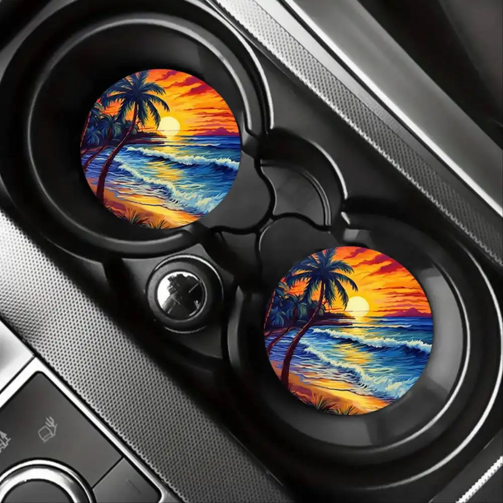 Seaside Sunset EVA Car Coasters Round Table & Cup Holder Decor Scenic Pattern Festive Gift