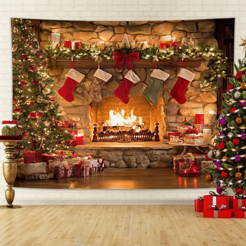 Red Curtain Snow Scene Christmas Tapestry, Dramatic Wall Art Background Cloth for Festive Living Room Decor