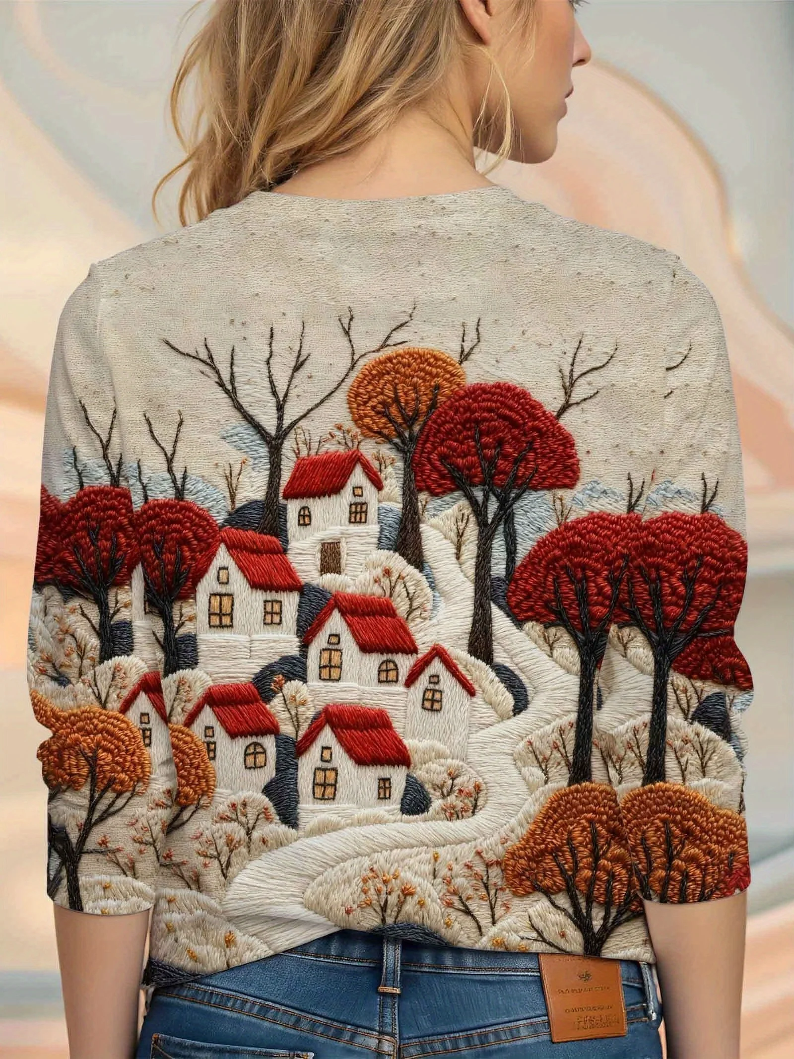 Women Round Neck Long Sleeve T‑Shirt Embroidery‑Style Autumn Village House Tree Landscape Print Casual Party Top Women's Clothes