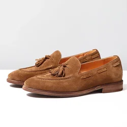 Vintage British Cowhide Suede Leather Fringe Loafers for Men Korean Business Casual Leather Shoes