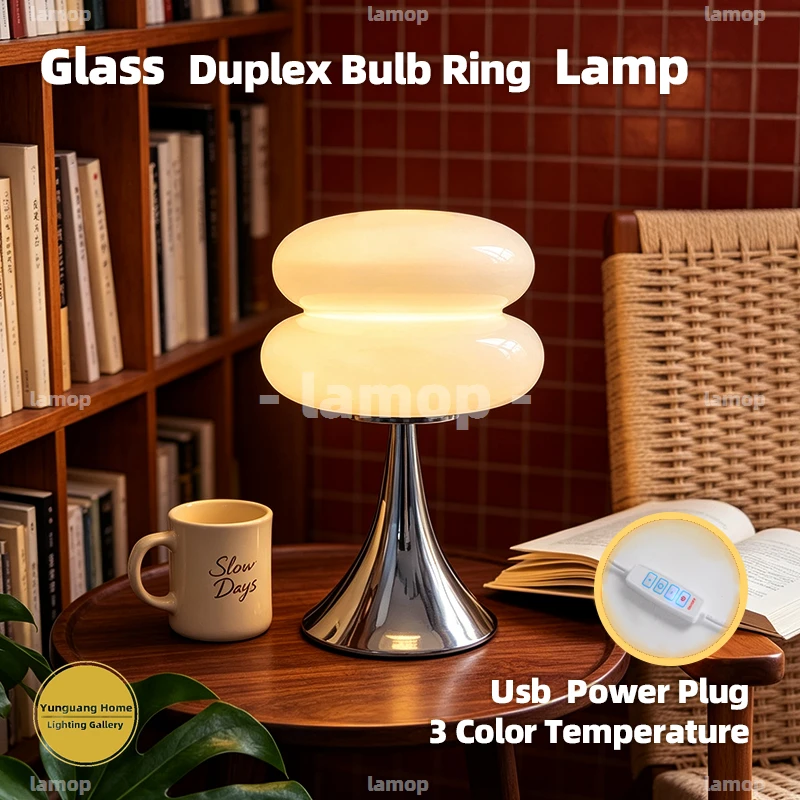 Hand Blown Murano Double Bulge Torus Desk Lamp Macaron Blush Pink Tone Gentle Ambient Light Teen Dorm Study Dresser Table Lamp