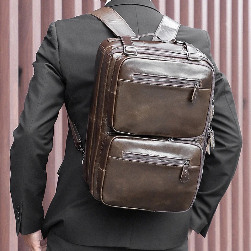 Leather men's bag, computer bag, official bag, portable one shoulder messenger bag, double shoulder backpack