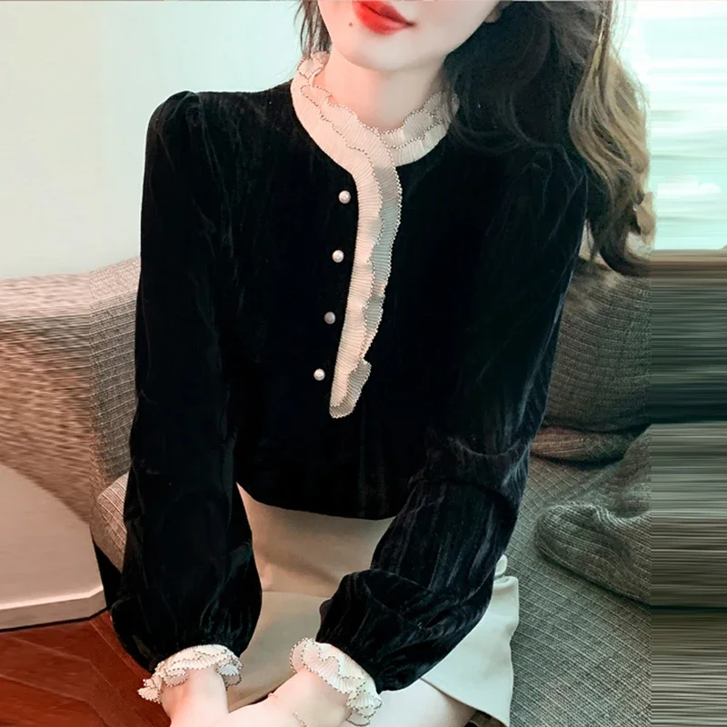 

Spring Fall Women Stand Collar Ruffled Patchwork Black Velvet Top Blouse , Woman Slim Velour Tops Shirts