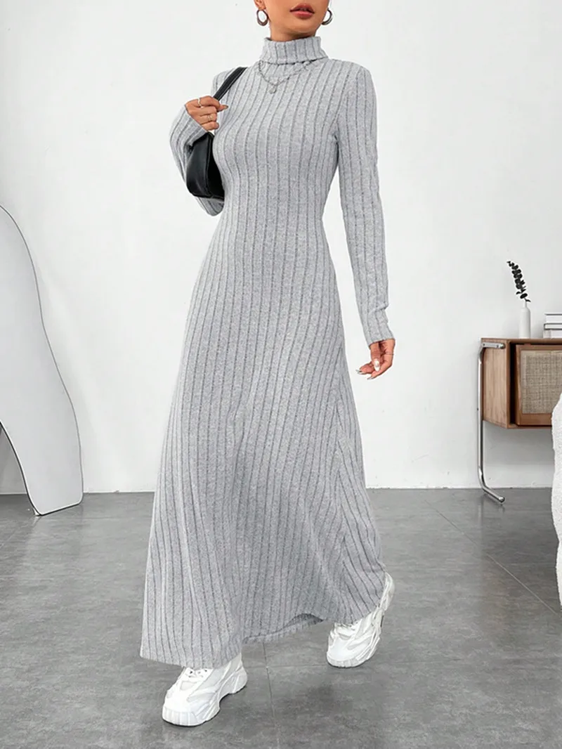 Women\'s Elegant Autumn Winter Turtleneck Knit Long Dress Female Solid Color Slim Trend Preppy Oversized Female Vestidos