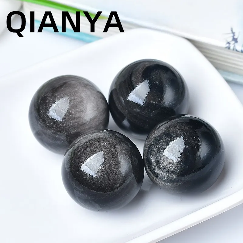 Natural Crystals Mineral Gemstone Silver Obsidian Ball Divination Orb Healing Aura Home Decoration Ornament Gift