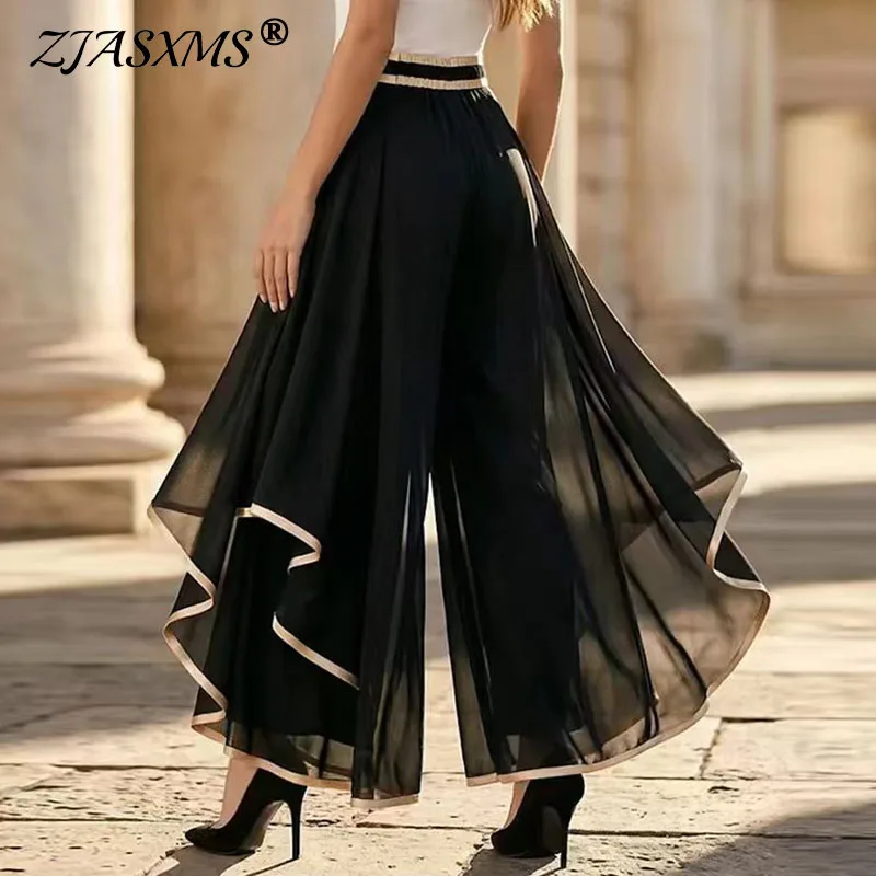

Spring Gold Trim Ruffle Hem Wide Leg Pants Woman Loose High Waist Flowy Trousers 2026 Summer Casual Vacation Boho Pants Harajuku