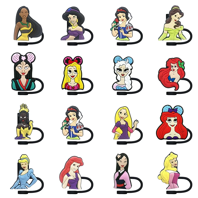 Princess Series Cartoon Straw Cover Cap 10MM Silicone Straw Plug Splash Proof Drinking Cup Straw Charms Pendent Home Party Gift