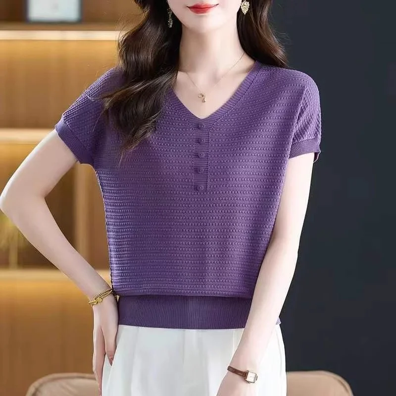 V-ausschnitt Eis Seide Gestrickte Kurzarm T-Shirt Für Frauen Sommer 2025, Modische Lose Dünne Stil Große Größe Vielseitig Top W387