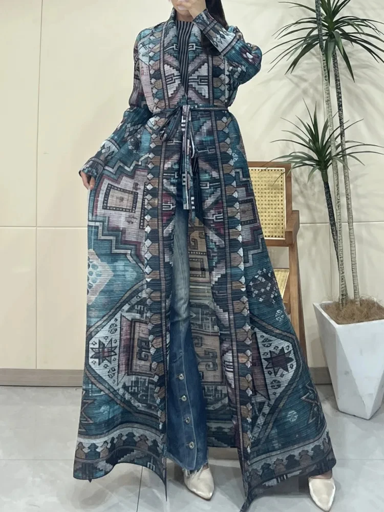 Anlan Modedesigner Print Plissee Wind jacke Frauen offener Stich lange Ärmel Schnürung geraffte Taille langer Mantel 2024 neu 2 z1999