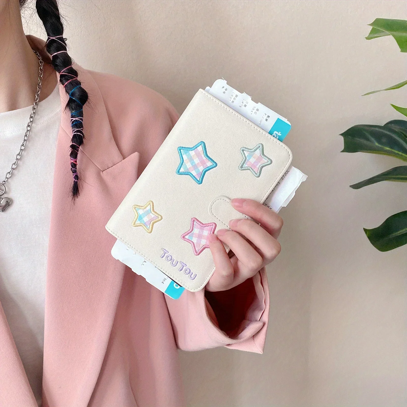 

TOUTOU New ID Card Case Multifunctional Long Wallet Star Embroidery Decoration Travel Anti-Theft Brush Wallet Card Case Female