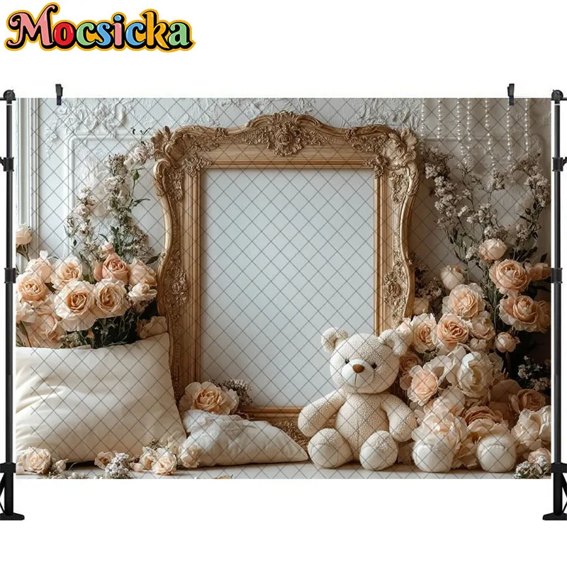 보호 사진 배경 귀여운 장난감 곰 사진 프레임 장식, 신생아 초상화 사진 배경, 스튜디오 소품 배너